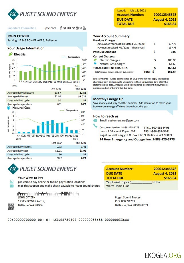 Usa Washington puget sound energy utility bill template in word and pdf format template